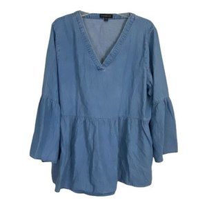 Lane Bryant Womens Shirt Plus Size 22/24 Blue Chambray Pepleum V Neck 3/4 Sleeve